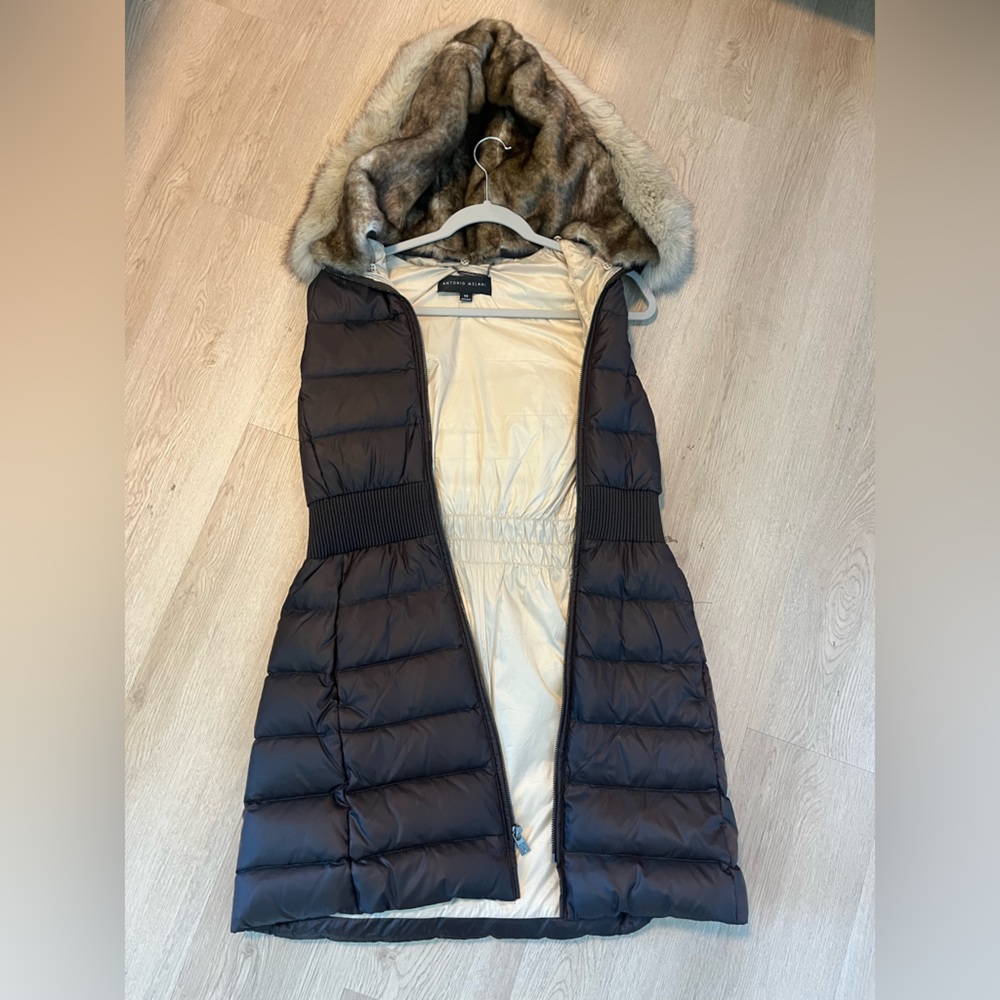ANTONIO MELANI Brown Long Puffer Coat with Faux Fur Hood